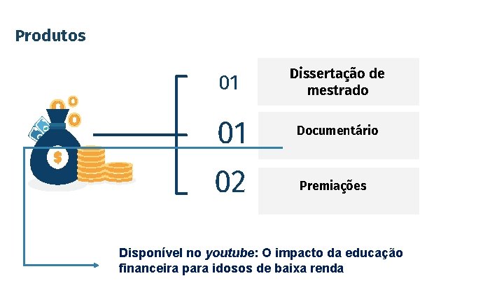 Produtos 01 Dissertação de mestrado 01 Documentário 02 Premiações Disponível no youtube: O impacto