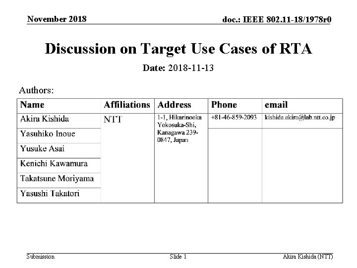 November 2018 doc. : IEEE 802. 11 -18/1978 r 0 Discussion on Target Use