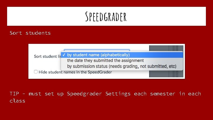 Speedgrader Sort students TIP - must set up Speedgrader Settings each semester in each