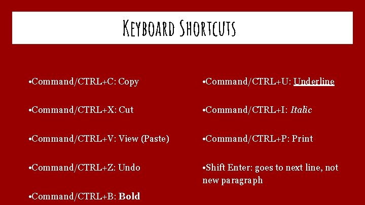 Keyboard Shortcuts • Command/CTRL+C: Copy • Command/CTRL+U: Underline • Command/CTRL+X: Cut • Command/CTRL+I: Italic