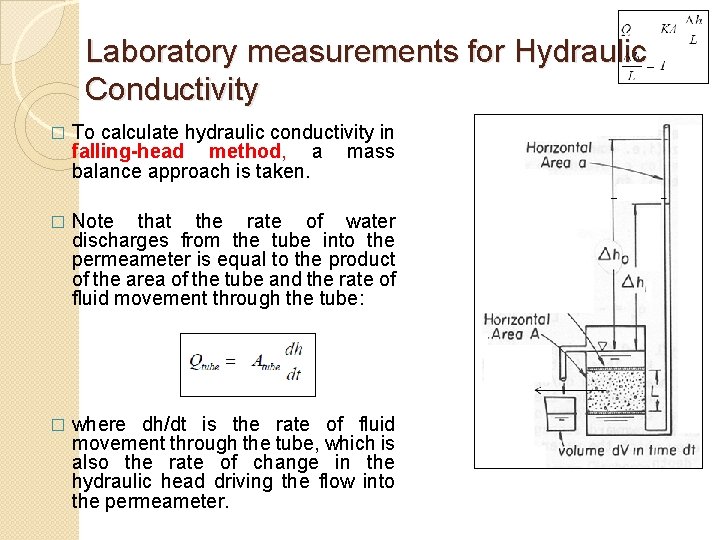 Laboratory measurements for Hydraulic Conductivity � To calculate hydraulic conductivity in falling-head method, a