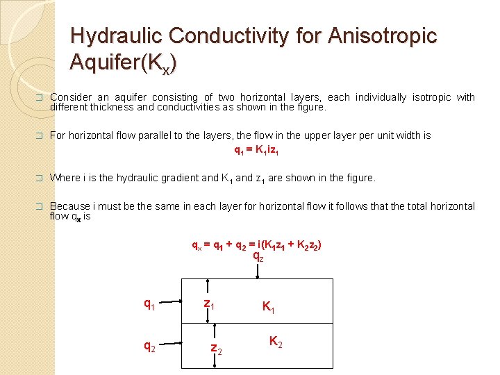 Hydraulic Conductivity for Anisotropic Aquifer(Kx) � Consider an aquifer consisting of two horizontal layers,