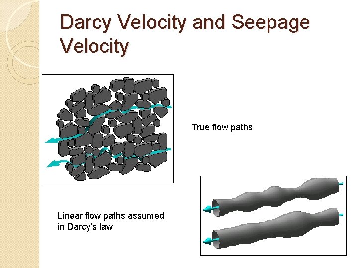 Darcy Velocity and Seepage Velocity True flow paths Linear flow paths assumed in Darcy’s