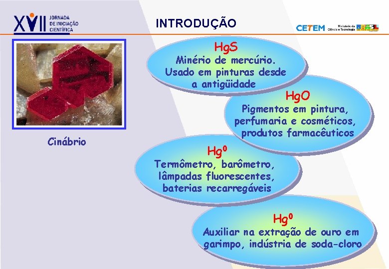 INTRODUÇÃO Hg. S Minério de mercúrio. Usado em pinturas desde a antigüidade Hg. O