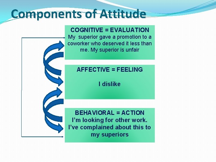 Components of Attitude COGNITIVE = EVALUATION My superior gave a promotion to a coworker