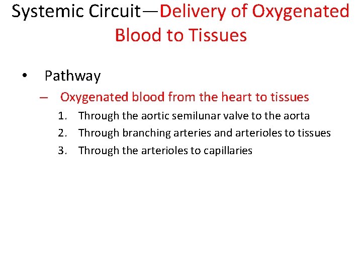 Systemic Circuit—Delivery of Oxygenated Blood to Tissues • Pathway – Oxygenated blood from the