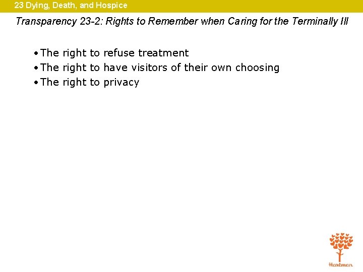 23 Dying, Death, and Hospice Transparency 23 -2: Rights to Remember when Caring for