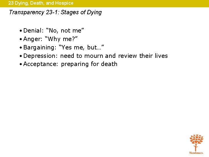 23 Dying, Death, and Hospice Transparency 23 -1: Stages of Dying • Denial: “No,