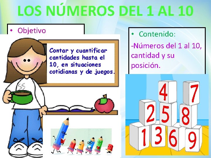 LOS NÚMEROS DEL 1 AL 10 • Objetivo ------ Contar y cuantificar cantidades hasta