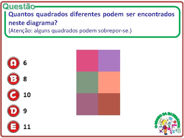 Questão Quantos quadrados diferentes podem ser encontrados neste diagrama? (Atenção: alguns quadrados podem sobrepor-se. Questão Quantos quadrados diferentes podem ser encontrados neste diagrama? (Atenção: alguns quadrados podem sobrepor-se.