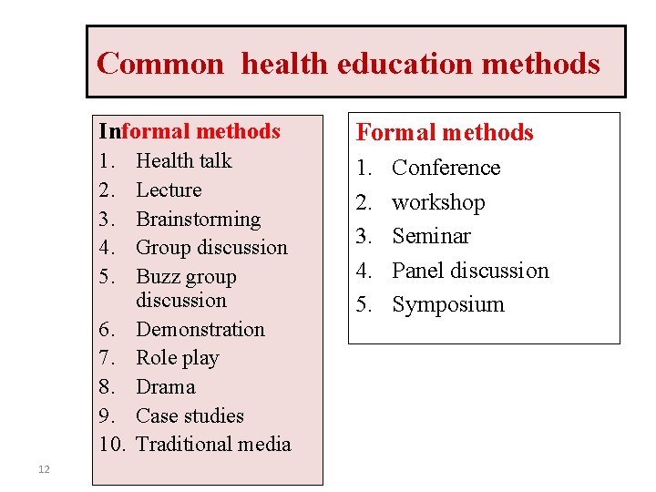 Common teaching method in health Common health education methods education Informal methods Formal methods