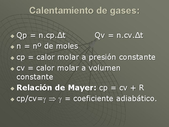 Calentamiento de gases: Qp = n. cp. Δt Qv = n. cv. Δt u