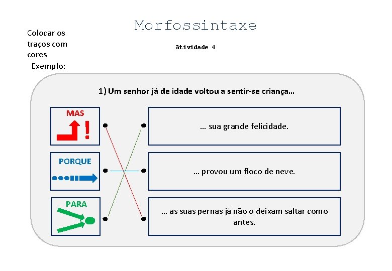 Morfossintaxe Colocar os traços com cores Exemplo: Atividade 4 1) Um senhor já de