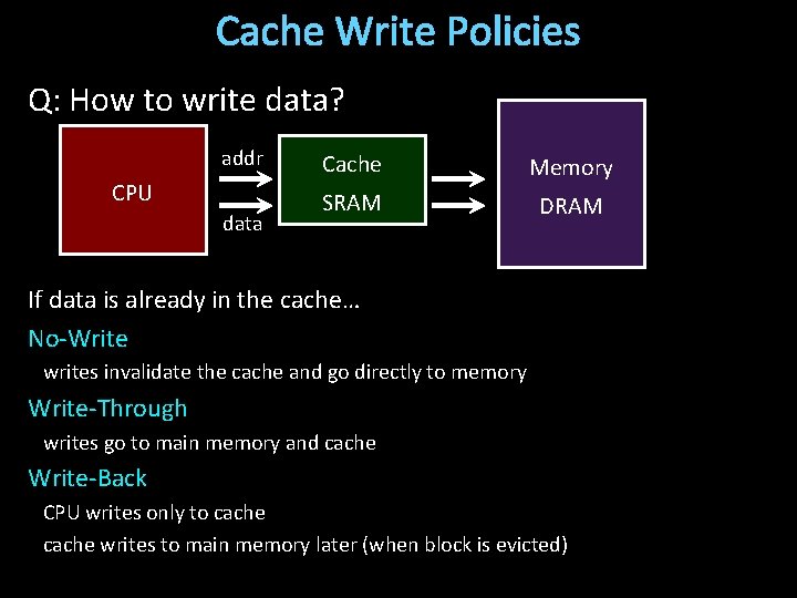 Cache Write Policies Q: How to write data? addr CPU data Cache Memory SRAM
