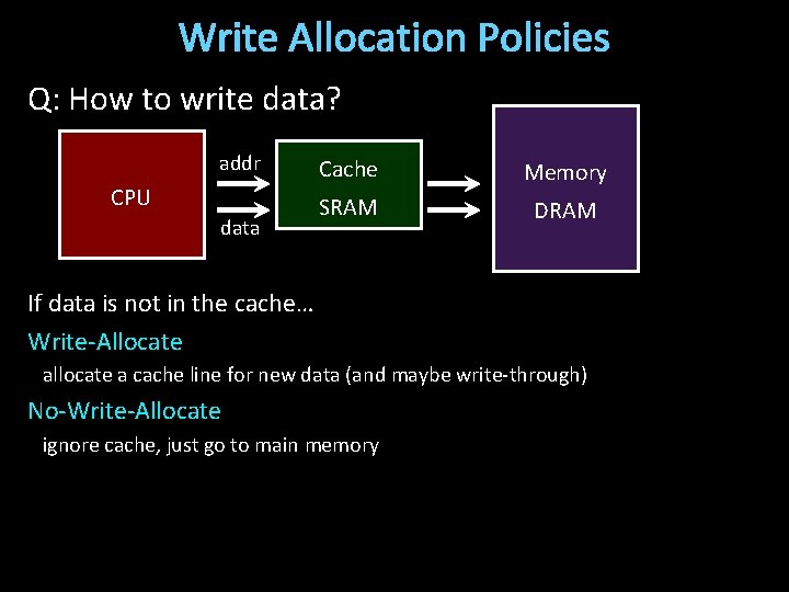 Write Allocation Policies Q: How to write data? addr CPU data Cache Memory SRAM