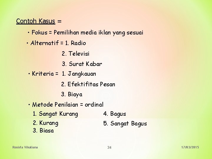 Contoh Kasus = • Fokus = Pemilihan media iklan yang sesuai • Alternatif =