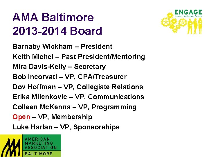 AMA Baltimore 2013 -2014 Board Barnaby Wickham – President Keith Michel – Past President/Mentoring