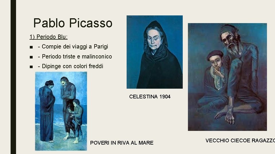 Pablo Picasso 1) Periodo Blu: ■ - Compie dei viaggi a Parigi ■ - Pablo Picasso 1) Periodo Blu: ■ - Compie dei viaggi a Parigi ■ -