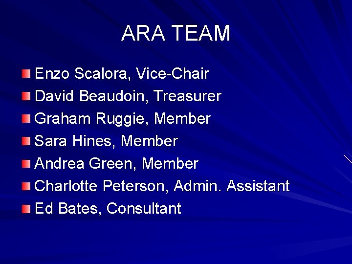 ARA TEAM Enzo Scalora, Vice-Chair David Beaudoin, Treasurer Graham Ruggie, Member Sara Hines, Member