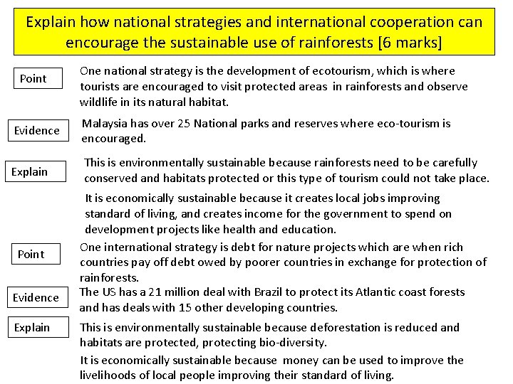 Explain how national strategies and international cooperation can encourage the sustainable use of rainforests