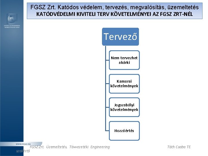 FGSZ Zrt. Katódos védelem, tervezés, megvalósítás, üzemeltetés KATÓDVÉDELMI KIVITELI TERV KÖVETELMÉNYEI AZ FGSZ ZRT-NÉL