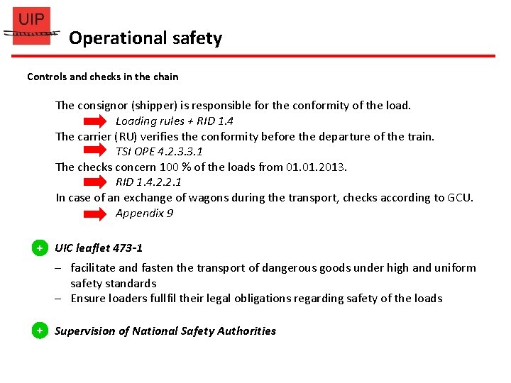 Operational safety Controls and checks in the chain The consignor (shipper) is responsible for Operational safety Controls and checks in the chain The consignor (shipper) is responsible for