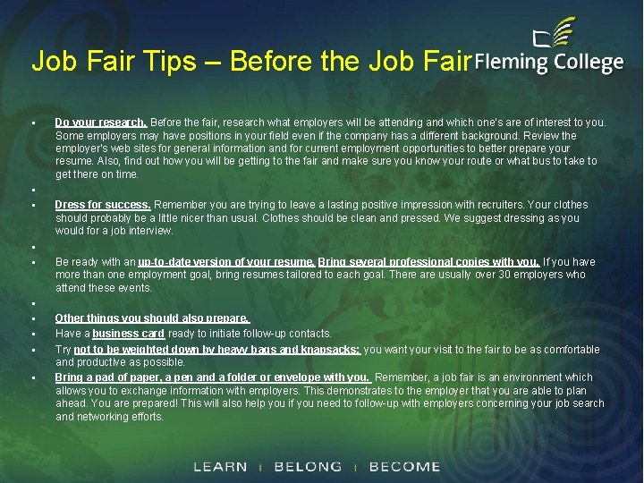 Job Fair Tips – Before the Job Fair § § § § § Do