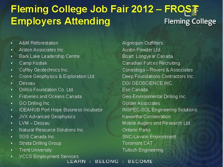 Fleming College Job Fair 2012 – FROST Employers Attending § § § § §