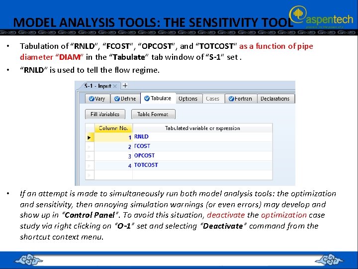 MODEL ANALYSIS TOOLS: THE SENSITIVITY TOOL • • • Tabulation of “RNLD”, “FCOST”, “OPCOST”,