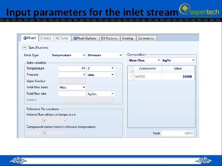 Input parameters for the inlet stream 