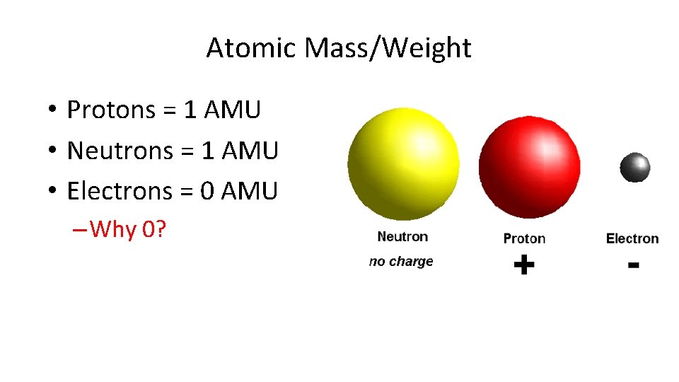 Atomic Mass/Weight • Protons = 1 AMU • Neutrons = 1 AMU • Electrons