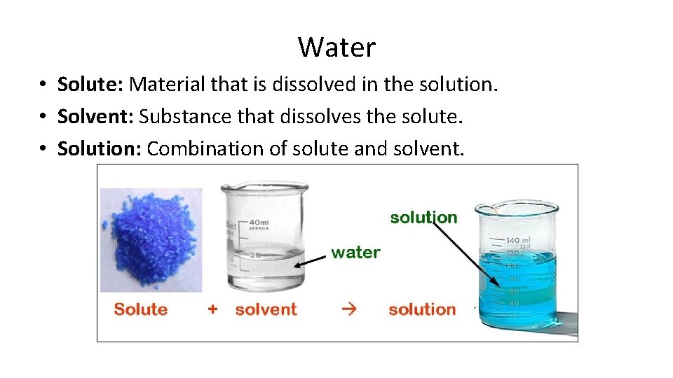 Water • Solute: Material that is dissolved in the solution. • Solvent: Substance that