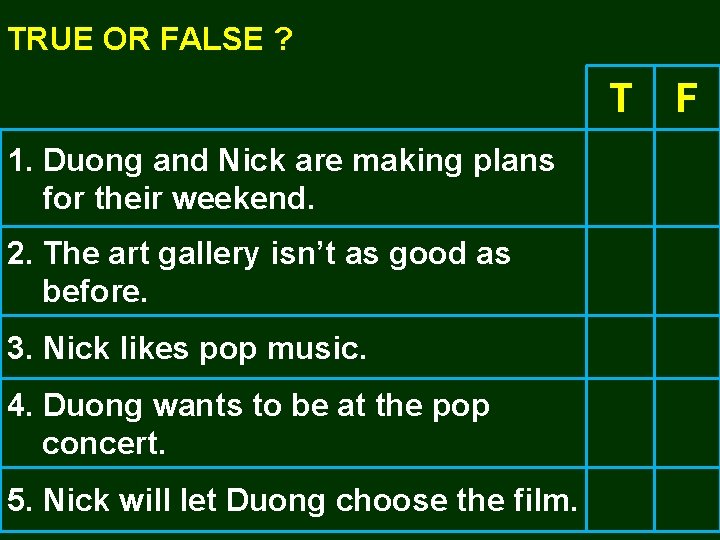 TRUE OR FALSE ? T 1. Duong and Nick are making plans for their TRUE OR FALSE ? T 1. Duong and Nick are making plans for their