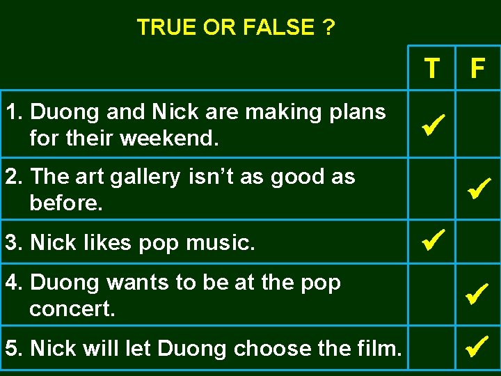 TRUE OR FALSE ? T 1. Duong and Nick are making plans for their TRUE OR FALSE ? T 1. Duong and Nick are making plans for their