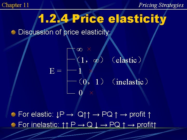 Chapter 11 Pricing Strategies 1. 2. 4 Price elasticity Discussion of price elasticity: ∞