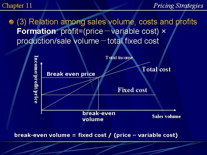 Chapter 11 Pricing Strategies (3) Relation among sales volume, costs and profits Formation: profit=(price－variable