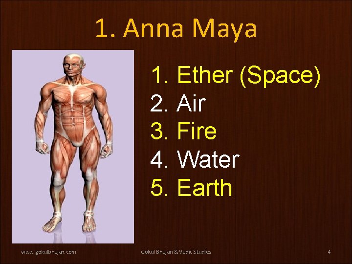 1. Anna Maya 1. Ether (Space) 2. Air 3. Fire 4. Water 5. Earth 1. Anna Maya 1. Ether (Space) 2. Air 3. Fire 4. Water 5. Earth