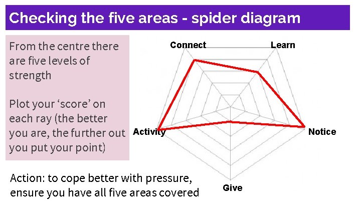 Checking the five areas - spider diagram From the centre there are five levels