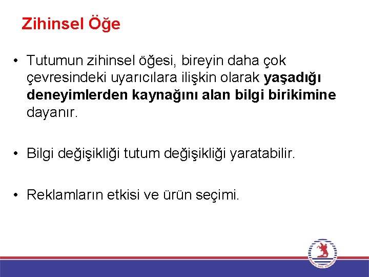 Zihinsel Öğe • Tutumun zihinsel öğesi, bireyin daha çok çevresindeki uyarıcılara ilişkin olarak yaşadığı