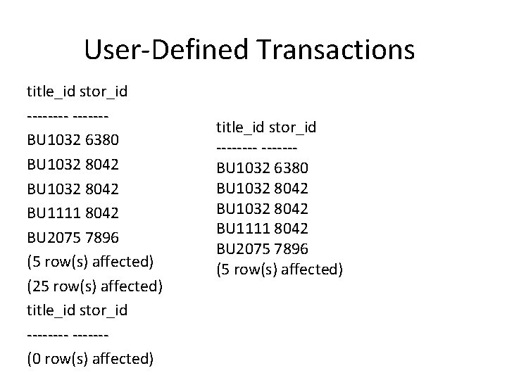 User-Defined Transactions title_id stor_id ------BU 1032 6380 BU 1032 8042 BU 1111 8042 BU User-Defined Transactions title_id stor_id ------BU 1032 6380 BU 1032 8042 BU 1111 8042 BU
