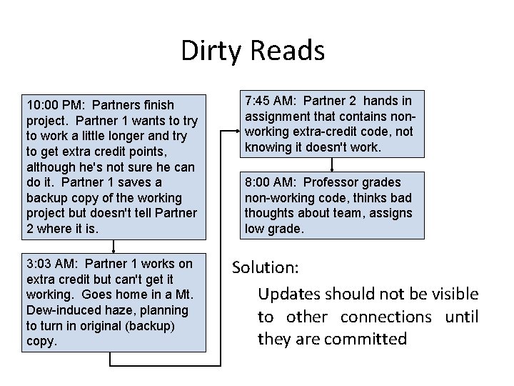 Dirty Reads 10: 00 PM: Partners finish project. Partner 1 wants to try to Dirty Reads 10: 00 PM: Partners finish project. Partner 1 wants to try to