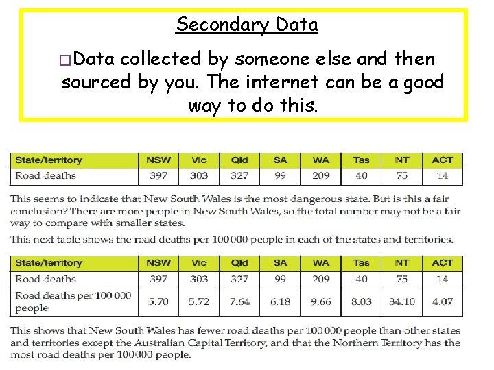 Secondary Data � Data collected by someone else and then sourced by you. The