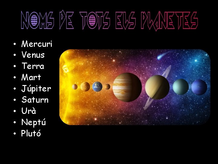  • • • Mercuri Venus Terra Mart Júpiter Saturn Urà Neptú Plutó 