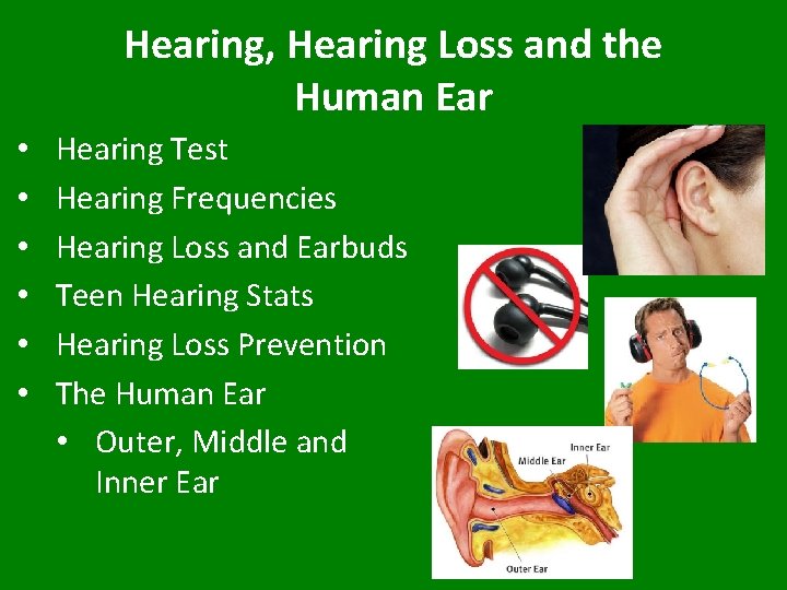 Hearing, Hearing Loss and the Human Ear • • • Hearing Test Hearing Frequencies