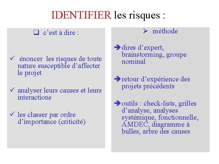 IDENTIFIER les risques : q c’est à dire : ü énoncer les risques de