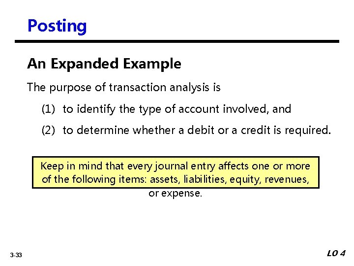 Posting An Expanded Example The purpose of transaction analysis is (1) to identify the