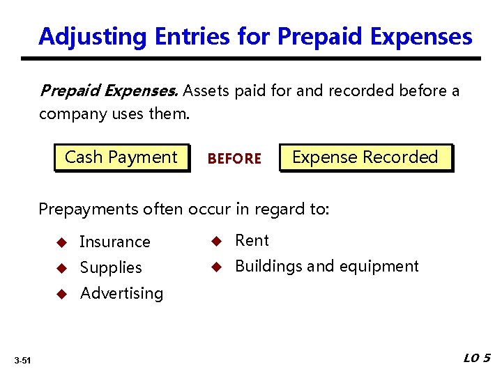 Adjusting Entries for Prepaid Expenses. Assets paid for and recorded before a company uses