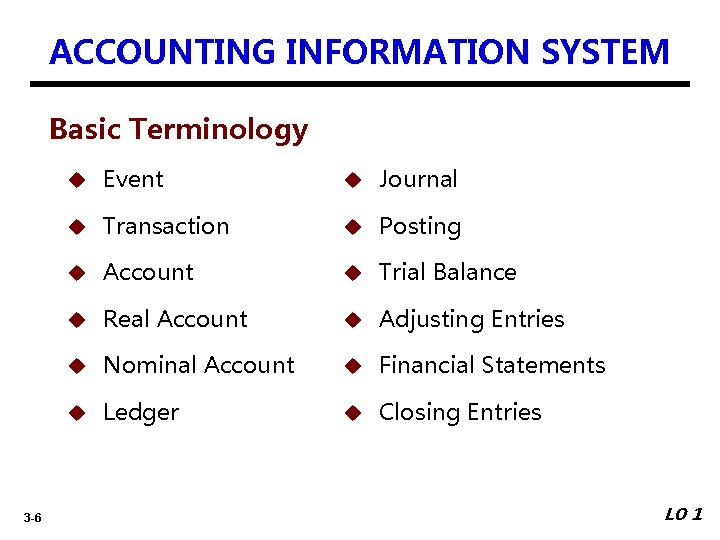 ACCOUNTING INFORMATION SYSTEM Basic Terminology 3 -6 u Event u Journal u Transaction u