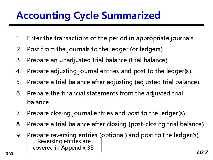 Accounting Cycle Summarized 1. Enter the transactions of the period in appropriate journals. 2.