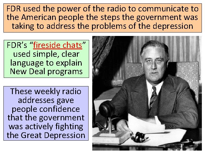 FDR used the power of the radio to communicate to the American people the